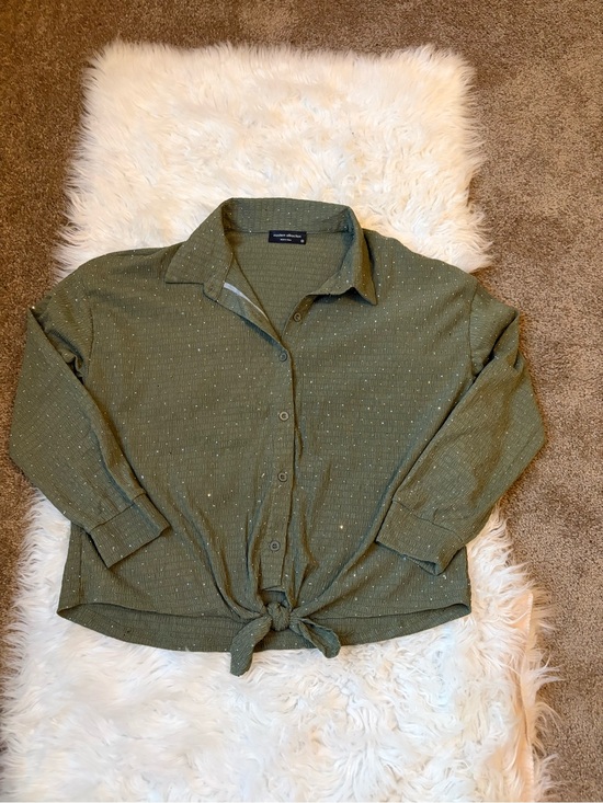 Modern Attraction Tops - Olive Green Button Front Tie Hem Metallic Sparkle Top